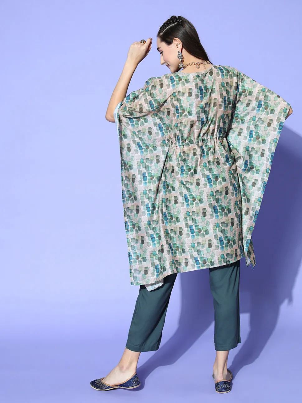 a_green_abstracted_print_muslin_embroidered_kaftan_with_a_solid_regular_fit_pants_2.webp Jaipur Kurti A Abstracted Print Muslin Embroidered Kaftan With A Solid Regular Fit Pants