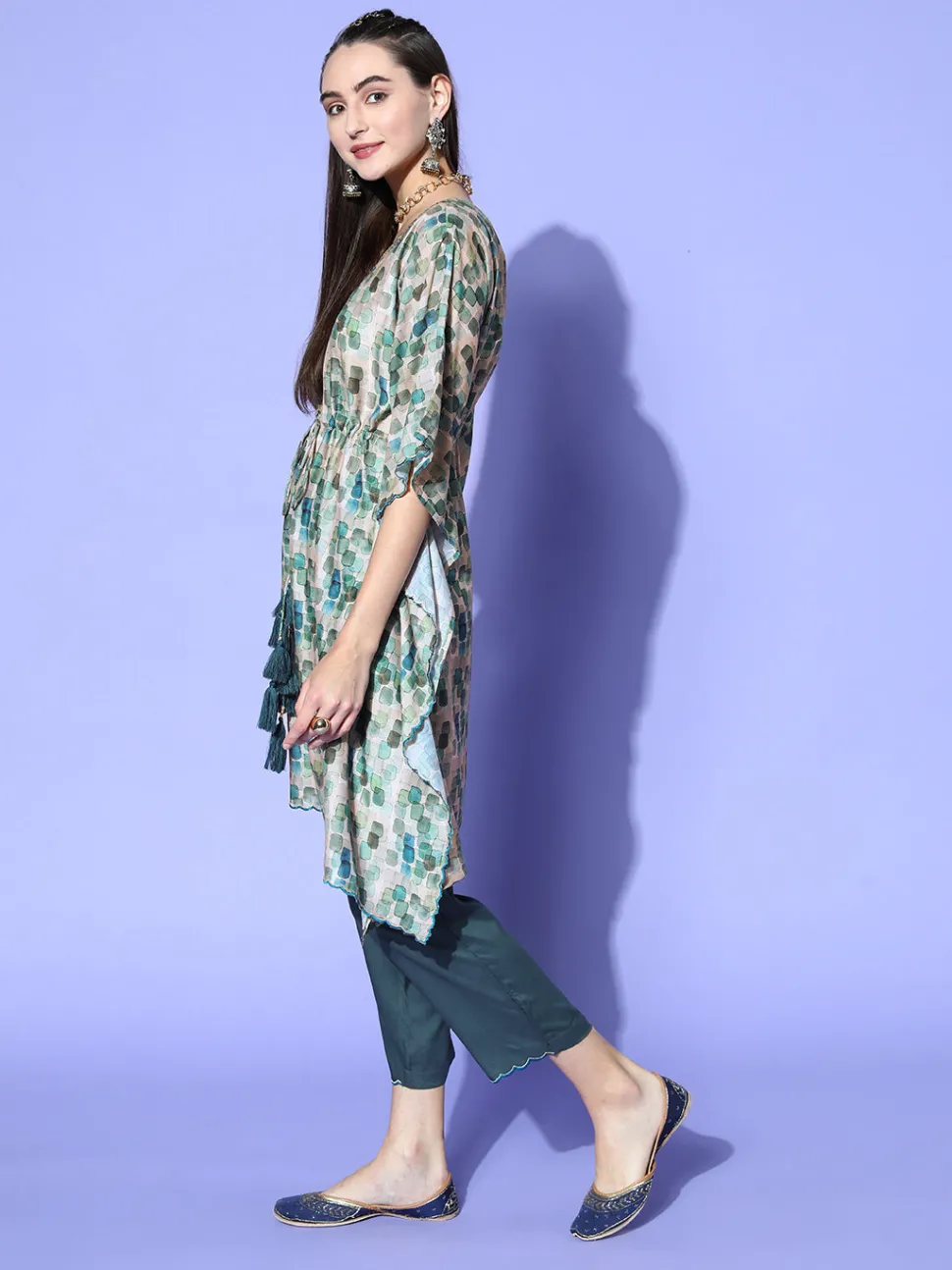 a_green_abstracted_print_muslin_embroidered_kaftan_with_a_solid_regular_fit_pants_3.webp Jaipur Kurti A Abstracted Print Muslin Embroidered Kaftan With A Solid Regular Fit Pants