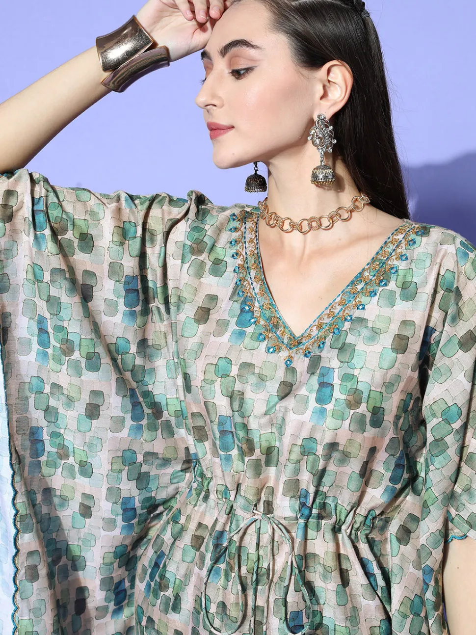 a_green_abstracted_print_muslin_embroidered_kaftan_with_a_solid_regular_fit_pants_4.webp Jaipur Kurti A Abstracted Print Muslin Embroidered Kaftan With A Solid Regular Fit Pants