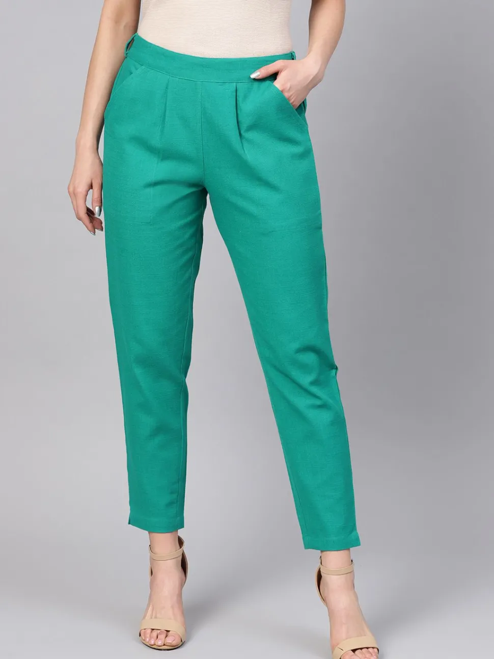 Jaipur Kurti Aqua Green Solid Cotton Slub Straight Pants