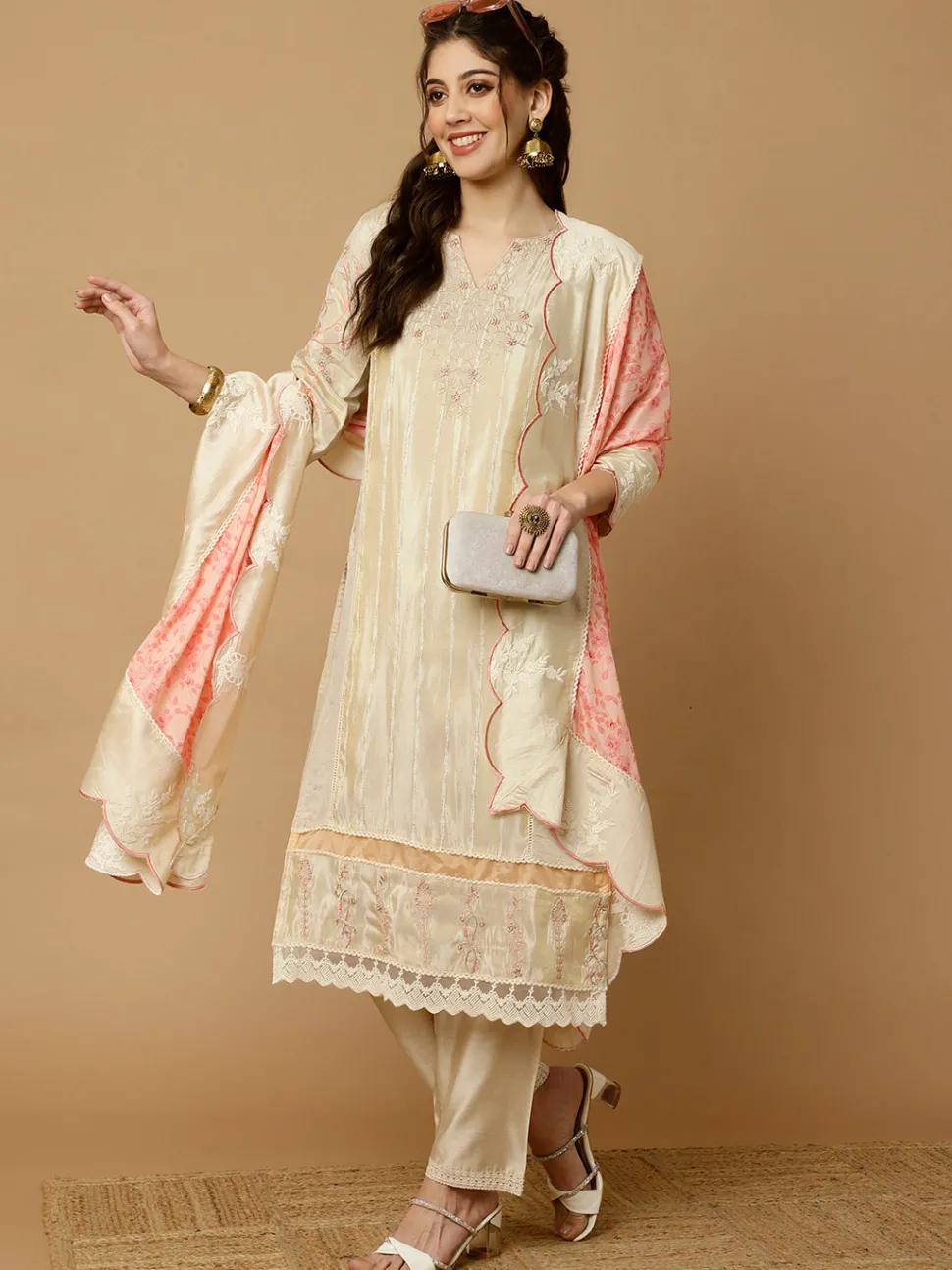 Jaipur Kurti Beige & Peach Zarodosi Jacquard Silk Kurta With Pants And Dupatta