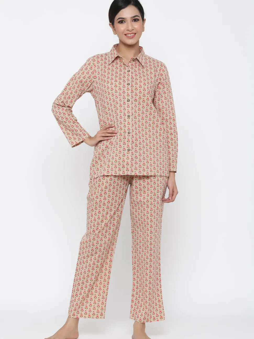 Jaipur Kurti Beige Floral print Straight Cotton Sleepwear