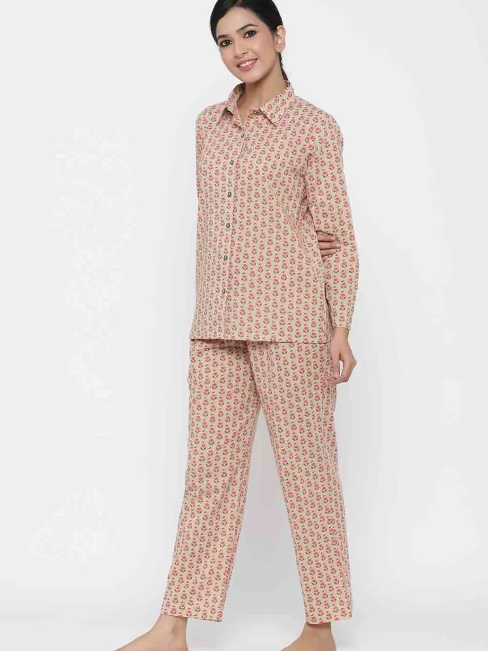 Jaipur Kurti Beige Floral print Straight Cotton Sleepwear