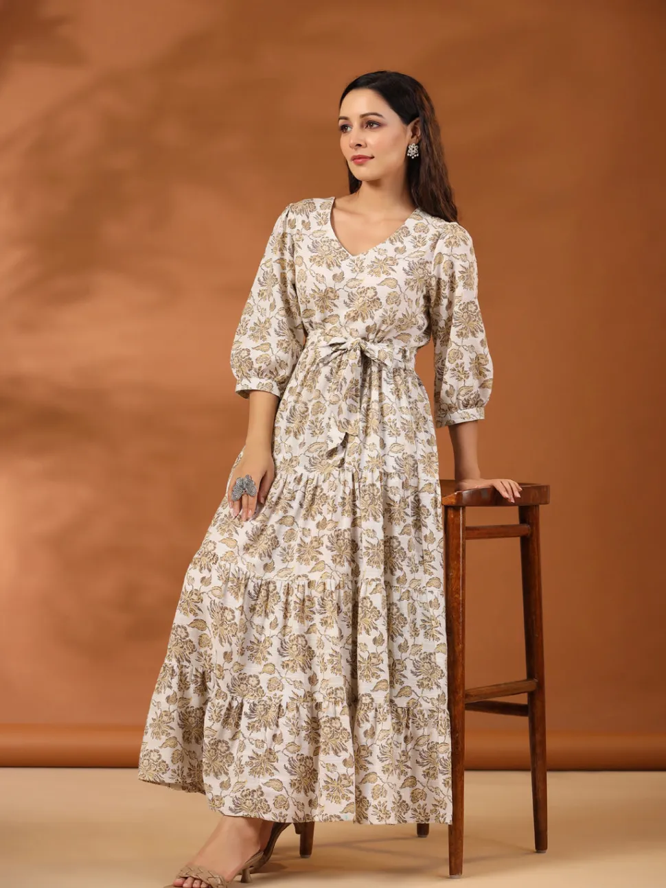 Jaipur Kurti Floral Printed Tier Cotton Dress