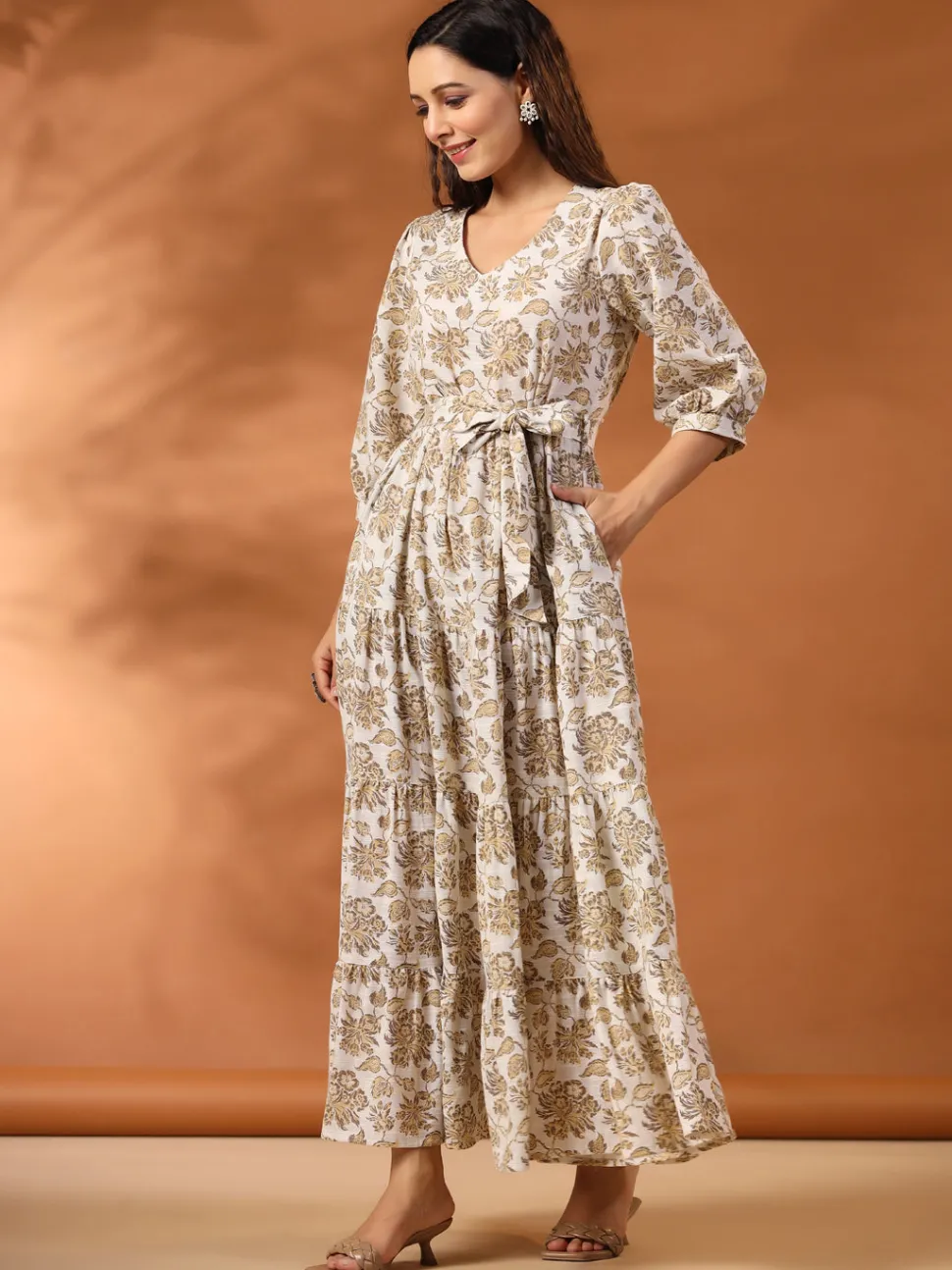 Jaipur Kurti Floral Printed Tier Cotton Dress