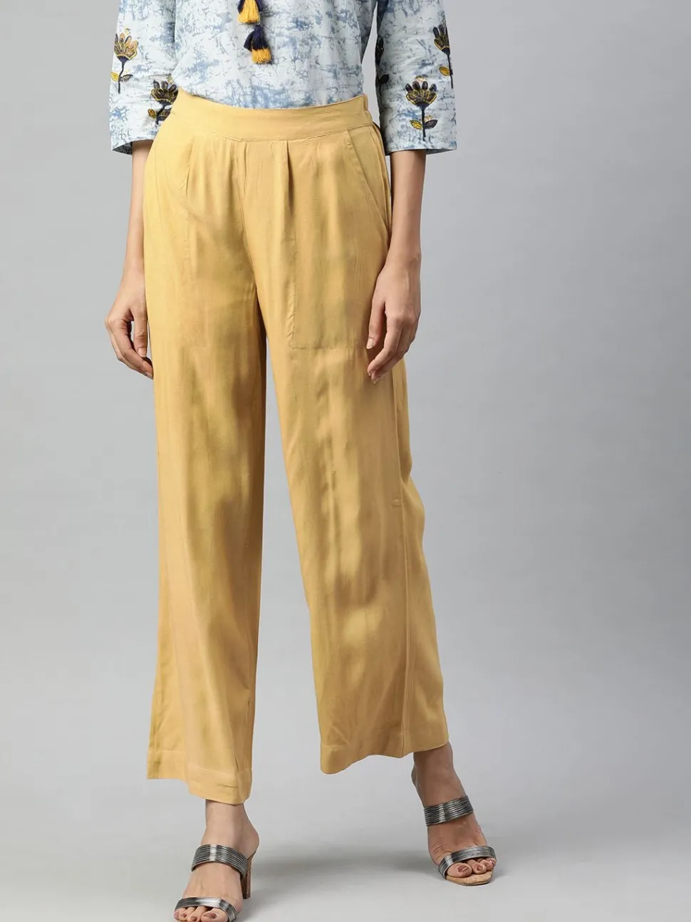 Jaipur Kurti Beige Solid Rayon Palazzo