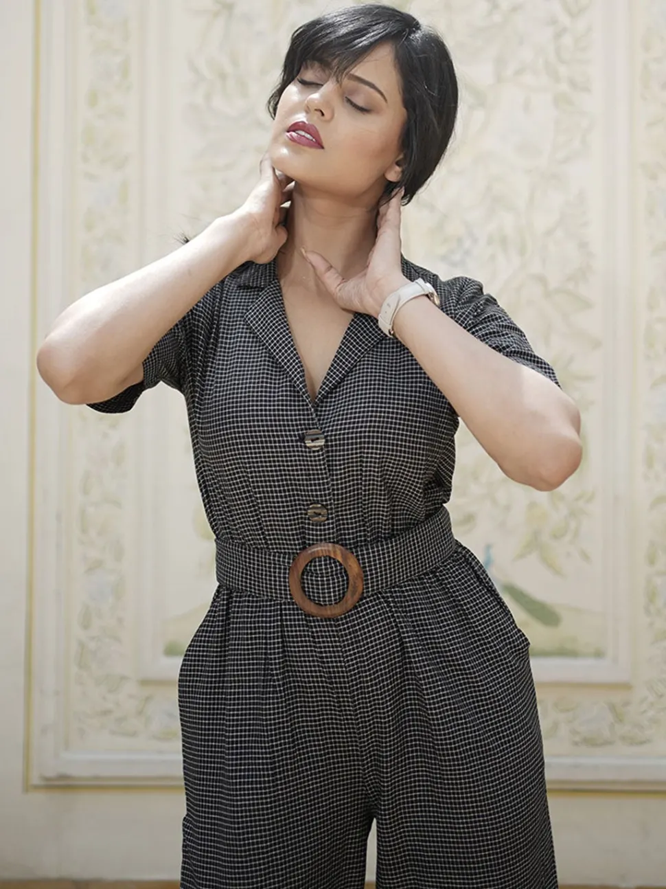 Jaipur Kurti Black Checked Yarn Dyed Straight Jumpsuit