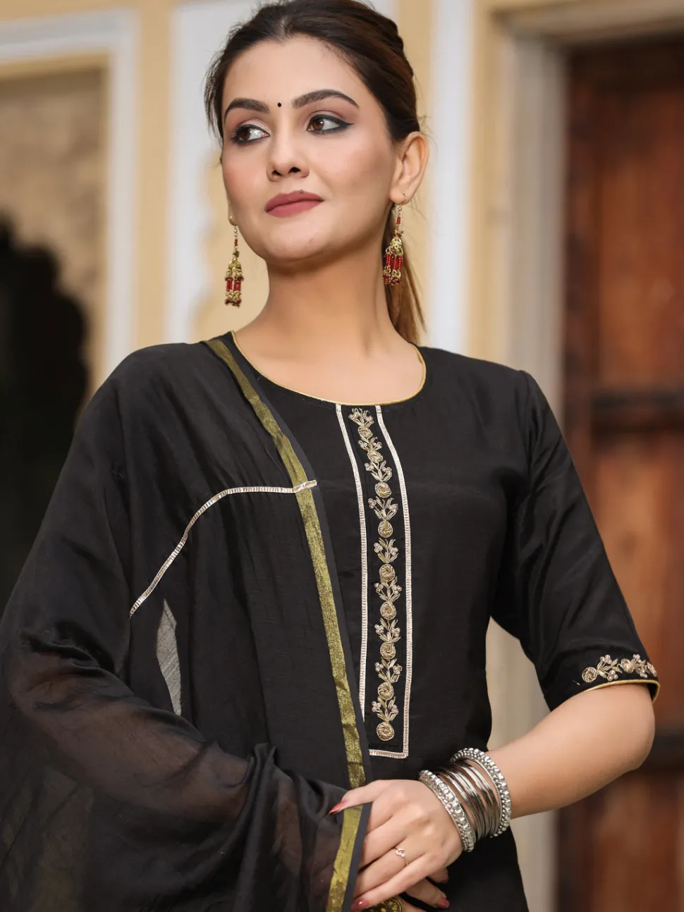 Jaipur Kurti Solid Straight Kurta With Palazzo And Chanderi Dupatta