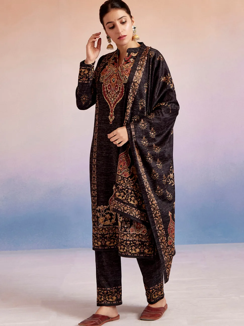 Jaipur Kurti Woolen Ethnic Printed Kurta Set With Dupatta