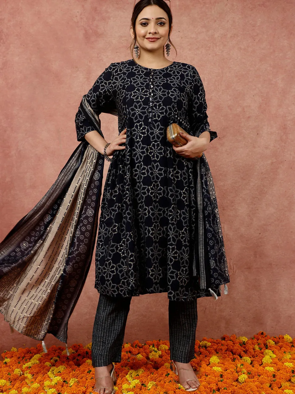Jaipur Kurti Bandhani Flared Print Kurta With Pants And Dupatta