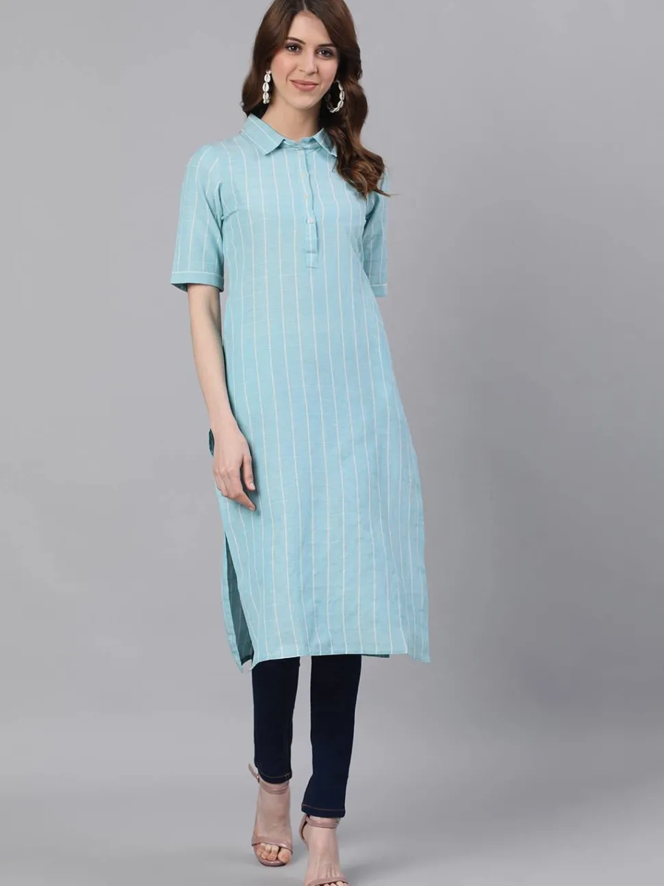 Jaipur Kurti Blue Checks Straight Cotton Blend Kurtas
