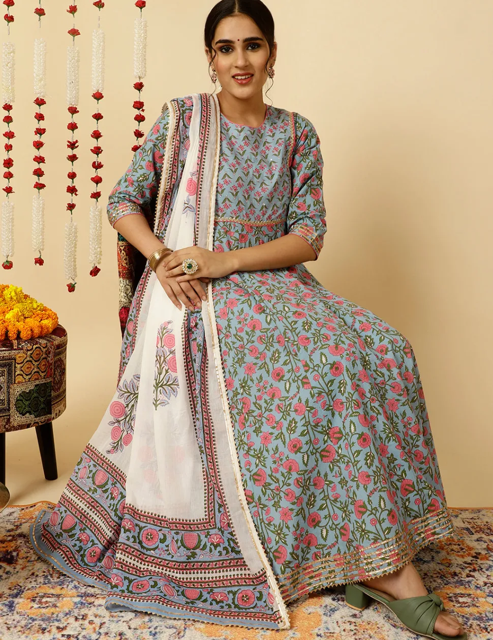 Jaipur Kurti Ethnic Print Anarkali Kurta With Pants And Dupatta