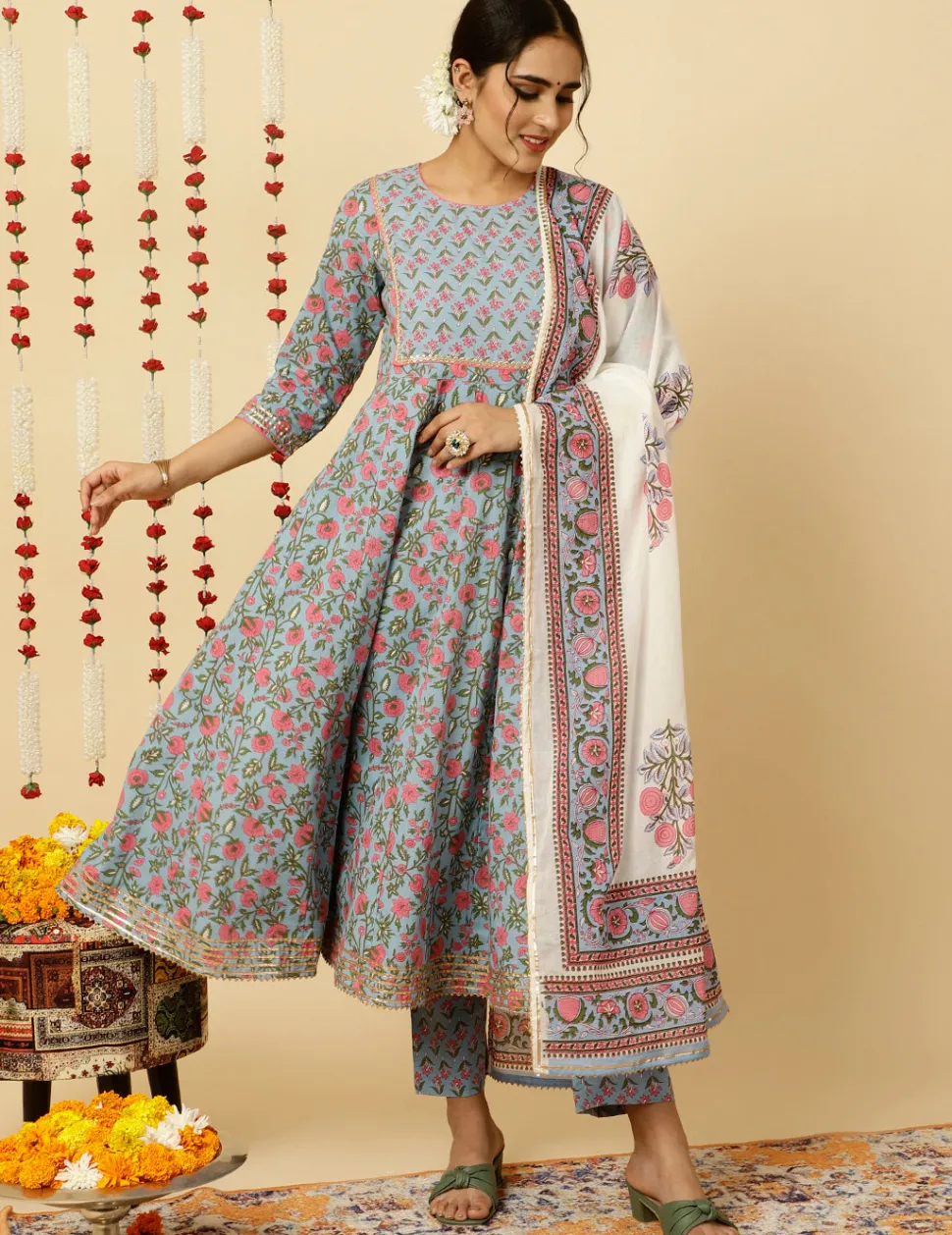 Jaipur Kurti Ethnic Print Anarkali Kurta With Pants And Dupatta