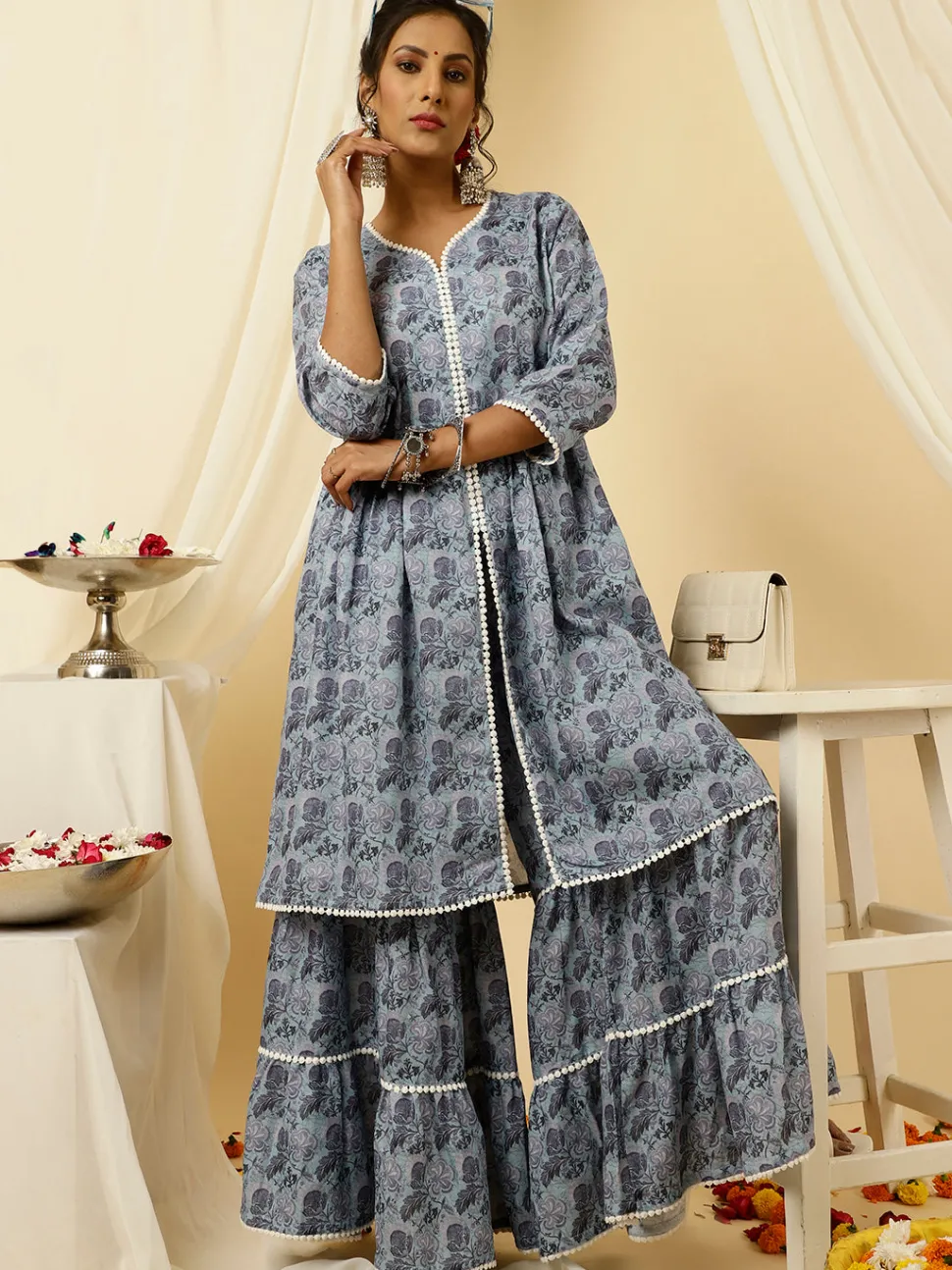 Jaipur Kurti Floral Print Flared Kurta With Sharara