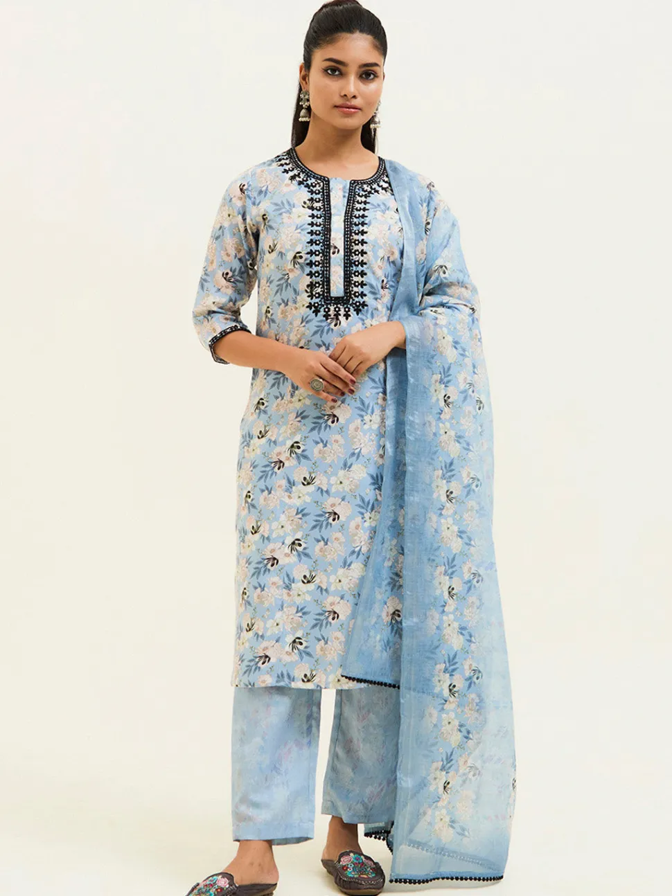 Jaipur Kurti Floral Printed Embroidered Suit Set