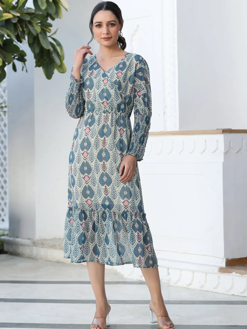 Jaipur Kurti Blue Ikat Digital Printed Wrap Look Gerogette Dress