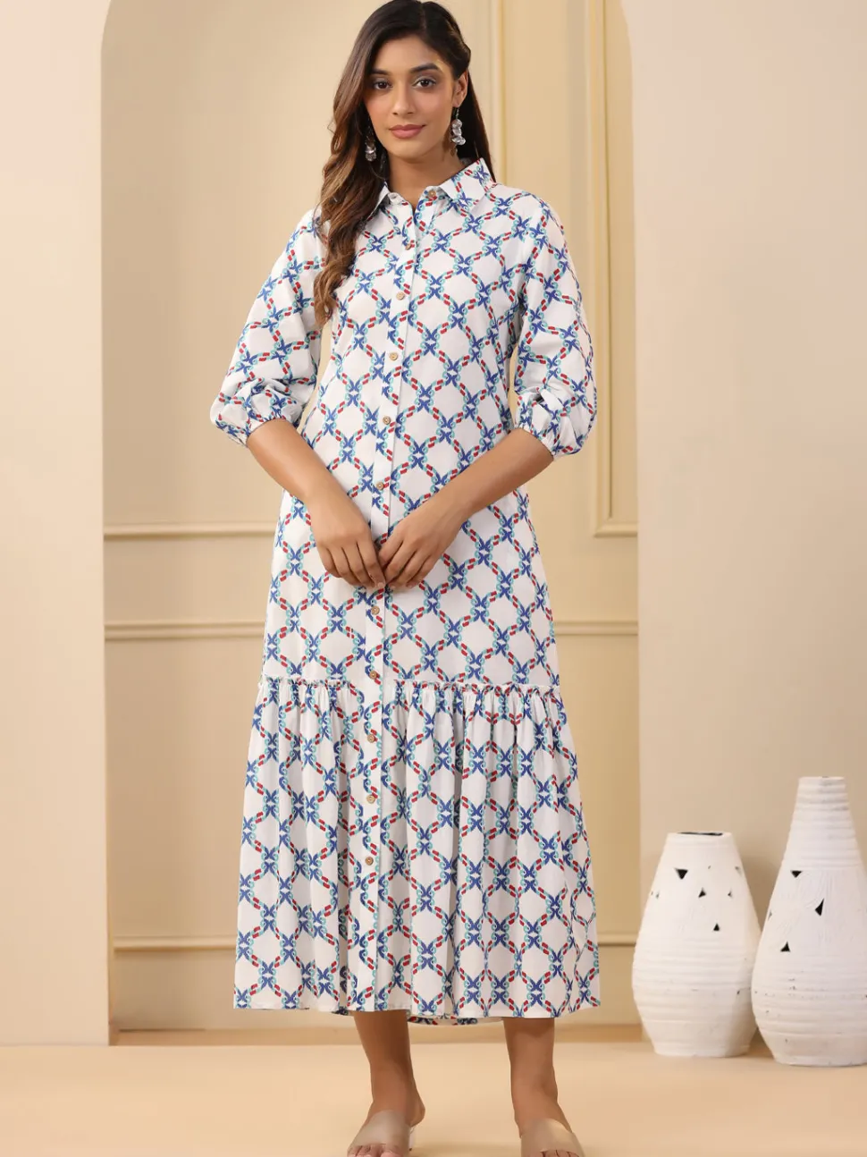Jaipur Kurti Ikat Printed Tiered Cotton Dress