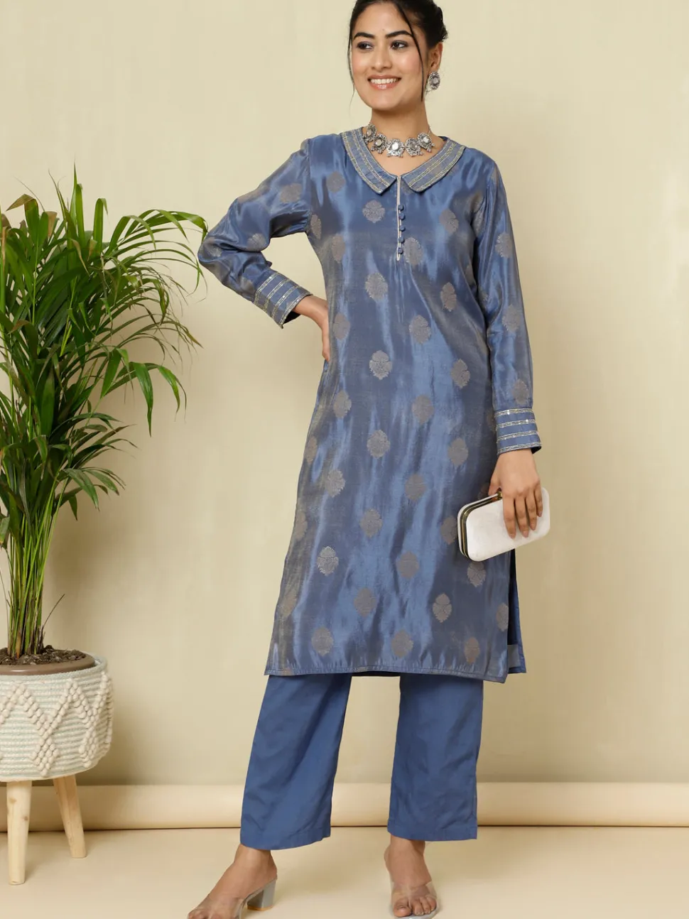 Jaipur Kurti Pure Silk Jacquard Handwork Kurta With Palazzo