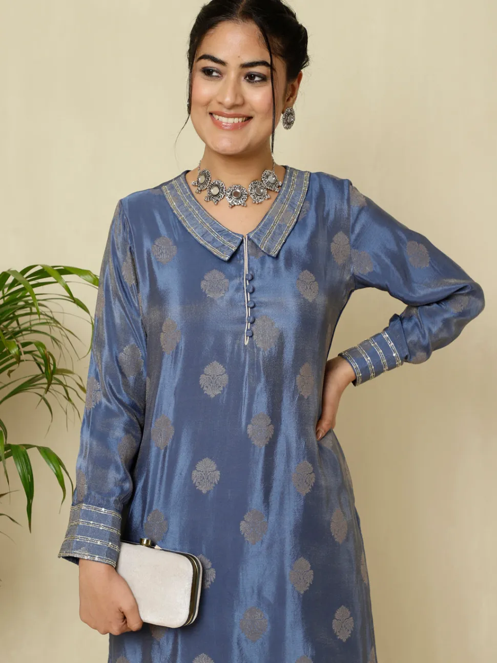 Jaipur Kurti Pure Silk Jacquard Handwork Kurta With Palazzo