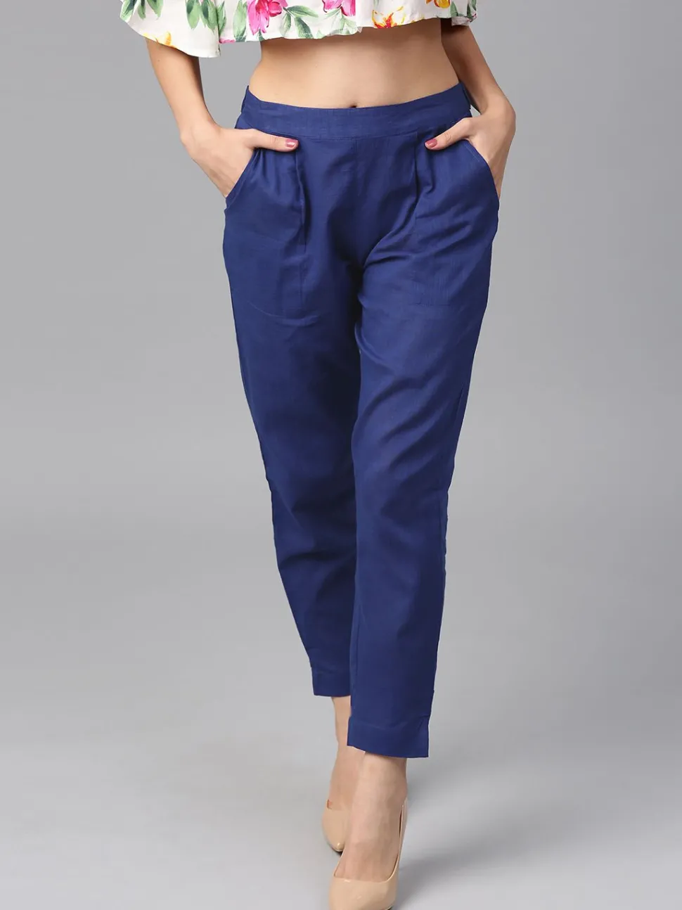 Jaipur Kurti Solid Cotton Slub Straight Pants