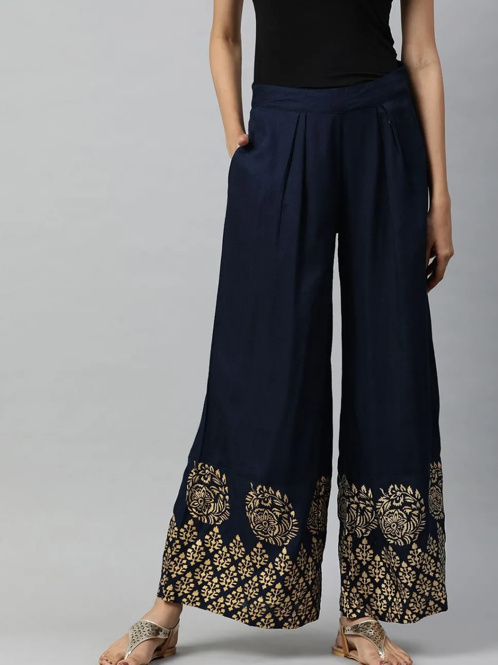 Jaipur Kurti Blue Solid Rayon Slub Palazzo