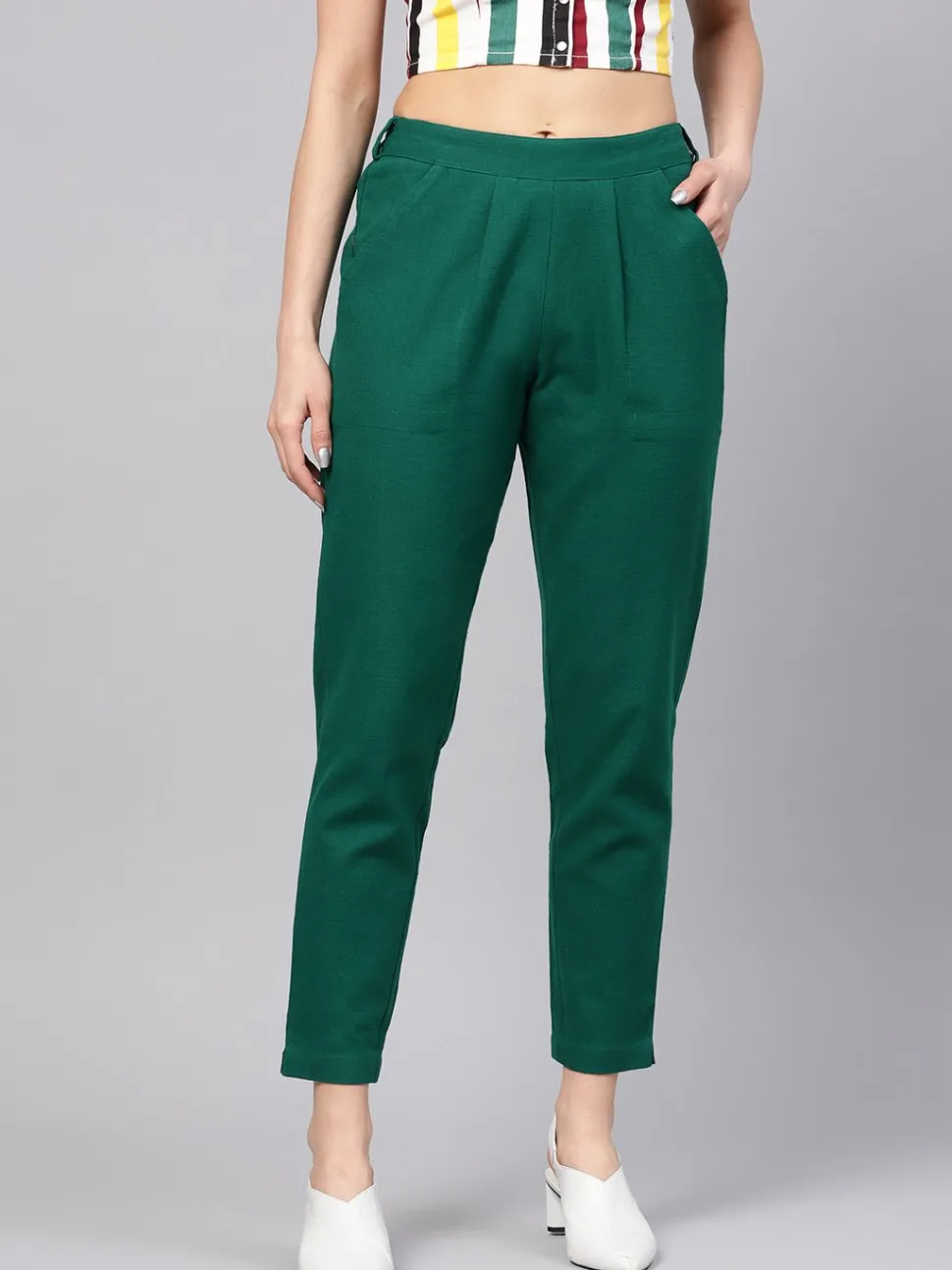 Jaipur Kurti Bottle Green Solid Cotton Slub Straight Pants