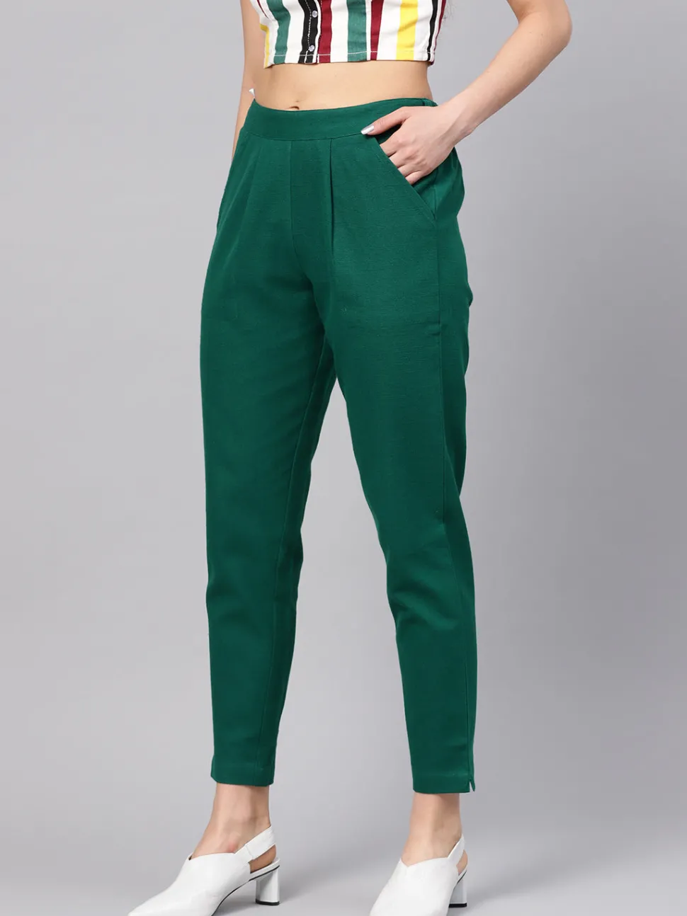 Jaipur Kurti Bottle Green Solid Cotton Slub Straight Pants