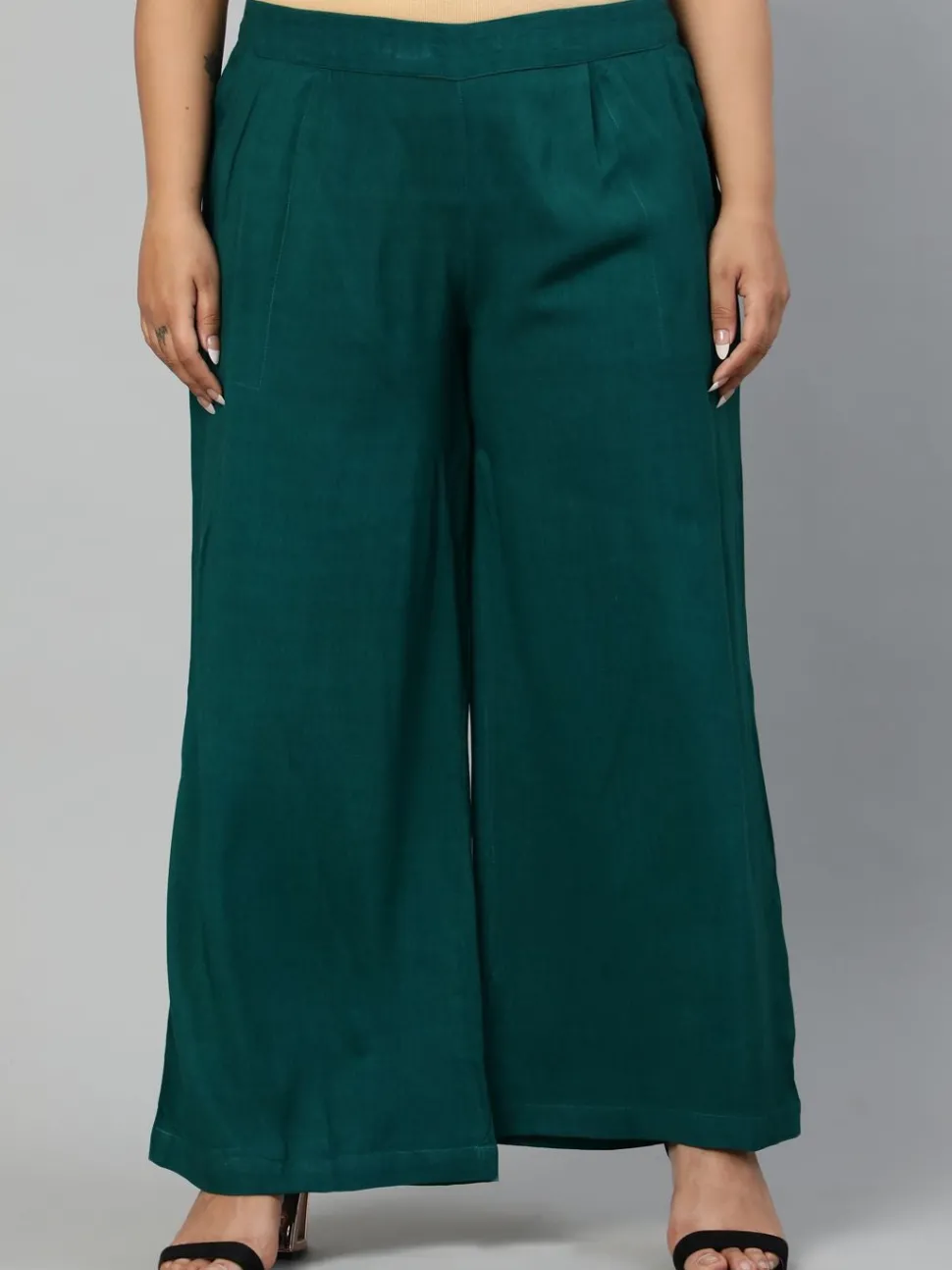 Jaipur Kurti Bottle Green Solid Rayon Palazzo