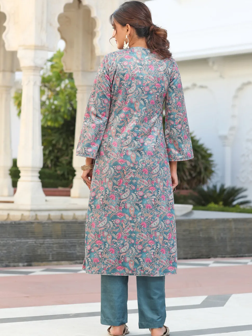 Jaipur Kurti Bottle Green Velvet Printed Embroidered Kurta Pair With Solid Velvet Pant