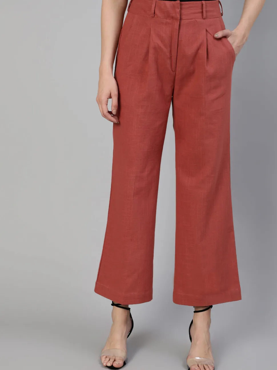 Jaipur Kurti Brick Red Cotton Slub Flared High Rise Parallel Pants