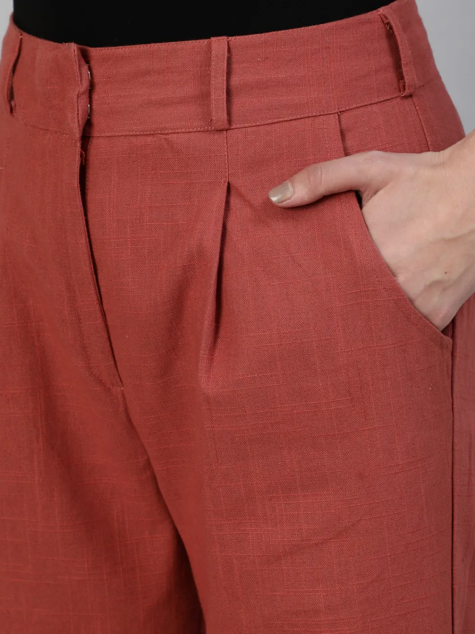 Jaipur Kurti Brick Red Cotton Slub Flared High Rise Parallel Pants