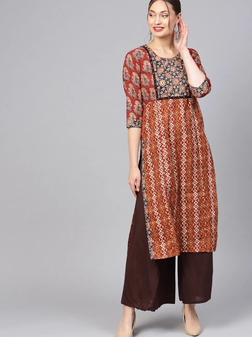 Jaipur Kurti Brown and Beige Ethnic Motifs Straight Cotton Kurta