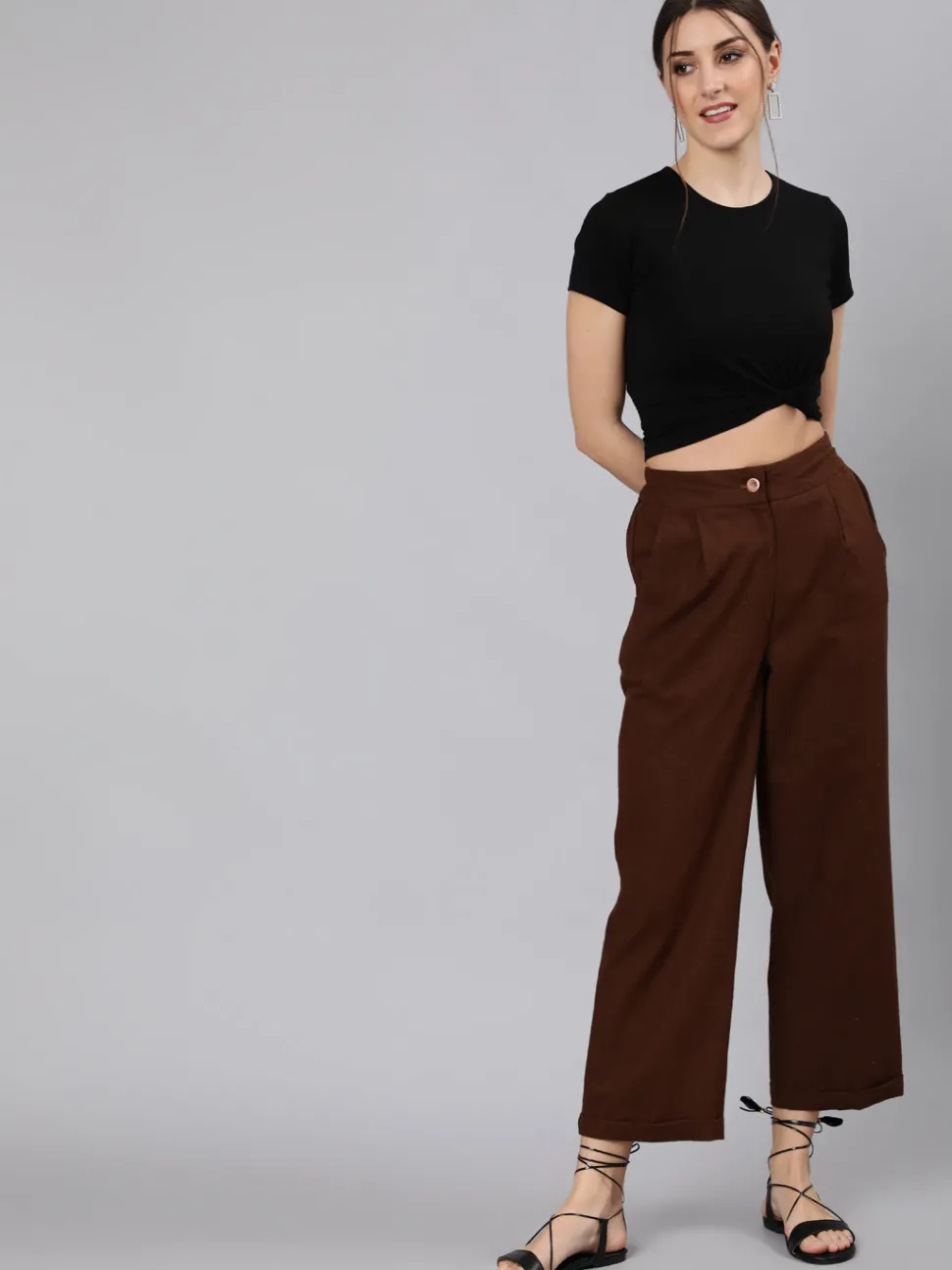 Jaipur Kurti Cotton Slub Straight High Rise Bottom-Fold Pants