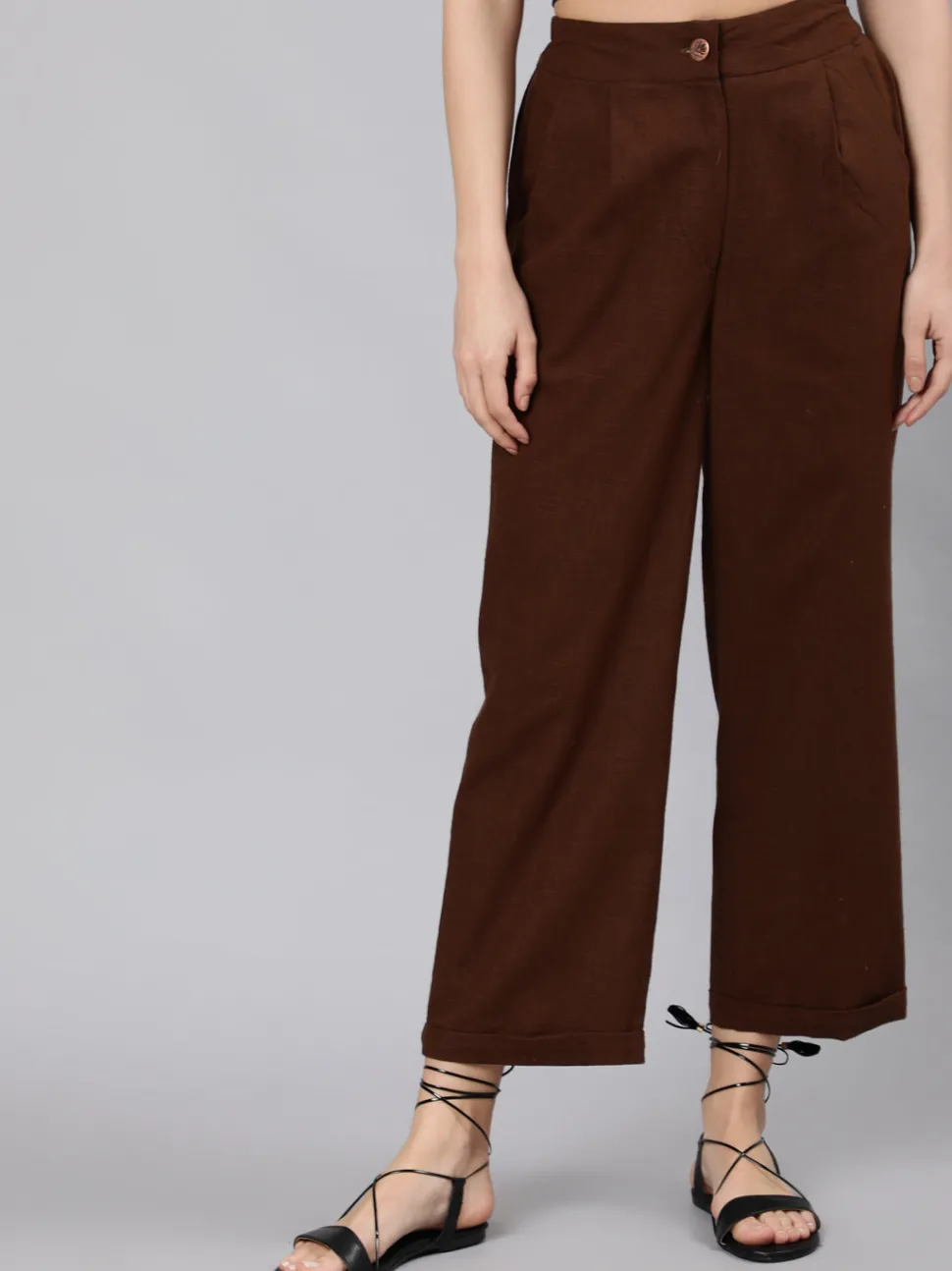 Jaipur Kurti Cotton Slub Straight High Rise Bottom-Fold Pants