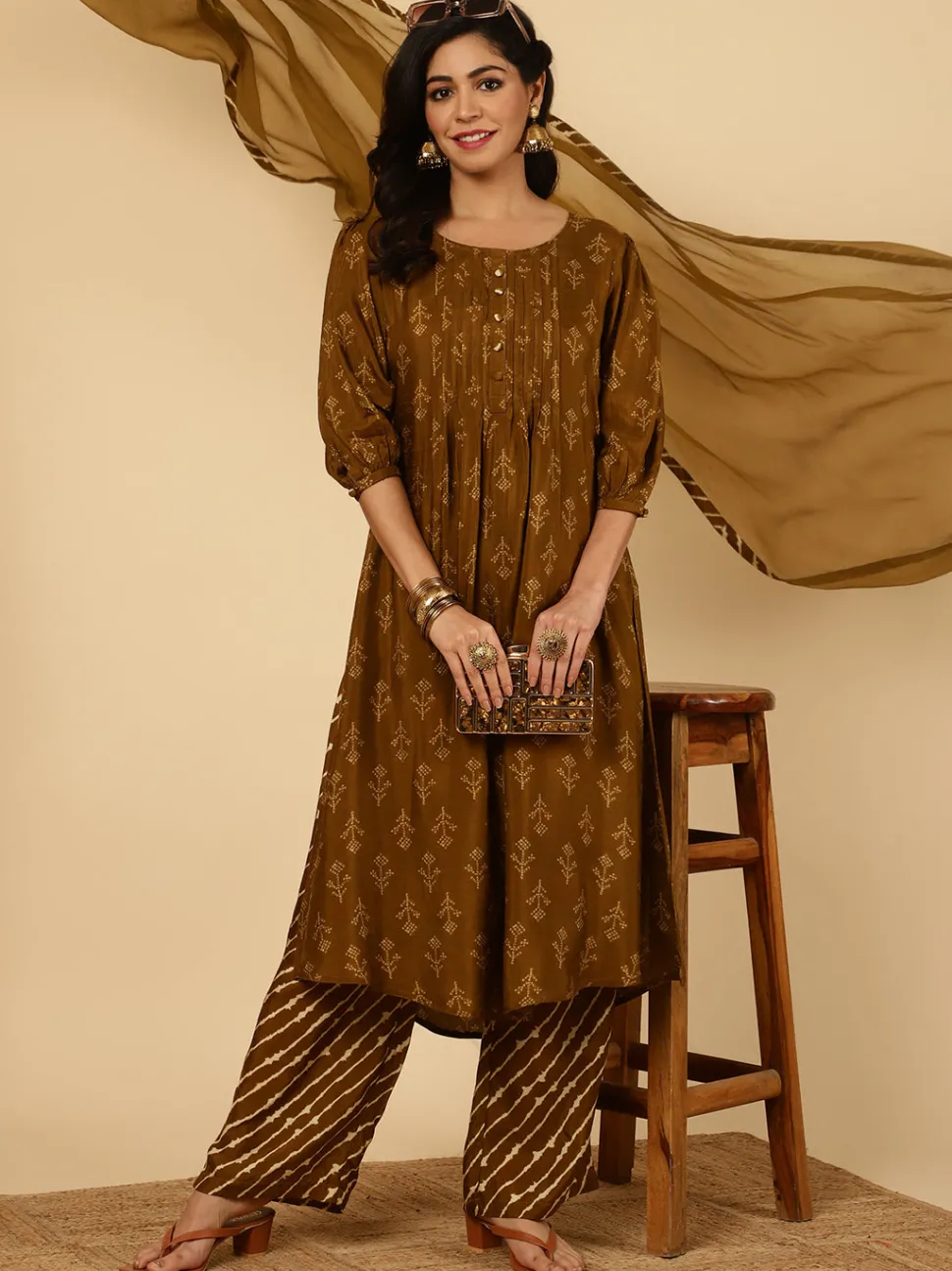 Jaipur Kurti Dola Silk Pleated Bandhani Kurta With Palazzo And Dupatta