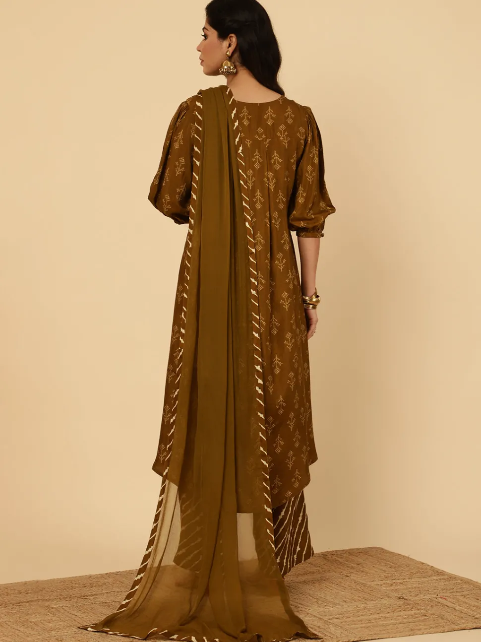 brown_dola_silk_pleated_bandhani_kurta_with_palazzo_and_dupatta_2.webp Jaipur Kurti Dola Silk Pleated Bandhani Kurta With Palazzo And Dupatta