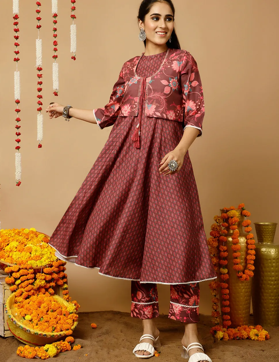 Jaipur Kurti Ethnic Print Flared Kurta With Shrug And Pants
