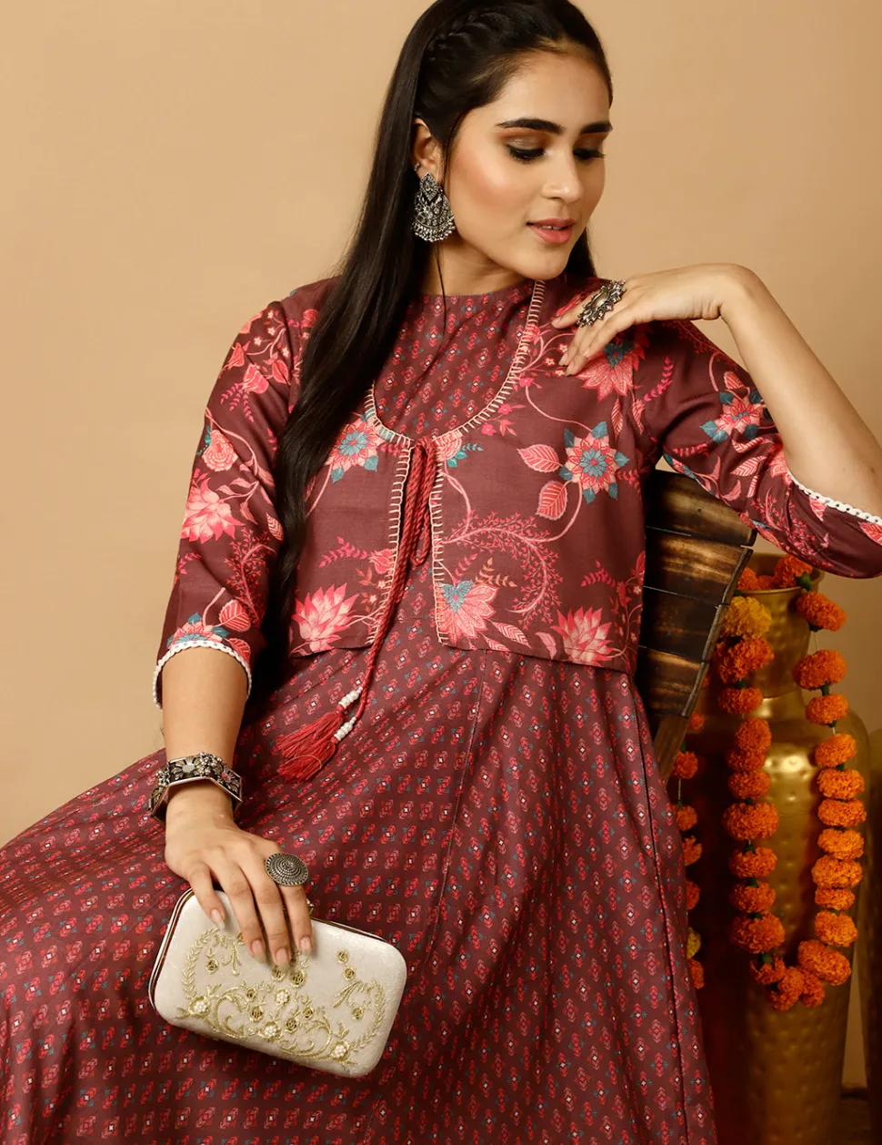 Jaipur Kurti Ethnic Print Flared Kurta With Shrug And Pants