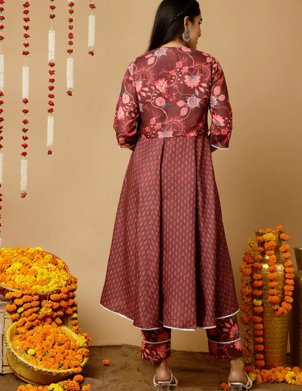 brown_ethnic_print_flared_kurta_with_shrug_and_pants_2.webp Jaipur Kurti Ethnic Print Flared Kurta With Shrug And Pants
