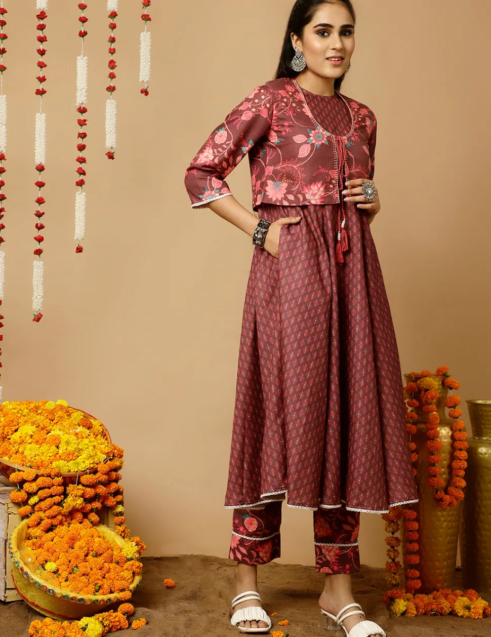 brown_ethnic_print_flared_kurta_with_shrug_and_pants_5.webp Jaipur Kurti Ethnic Print Flared Kurta With Shrug And Pants