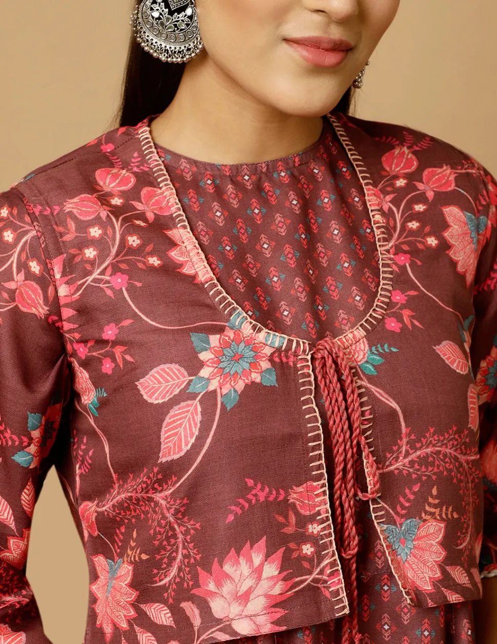 brown_ethnic_print_flared_kurta_with_shrug_and_pants_6.webp Jaipur Kurti Ethnic Print Flared Kurta With Shrug And Pants