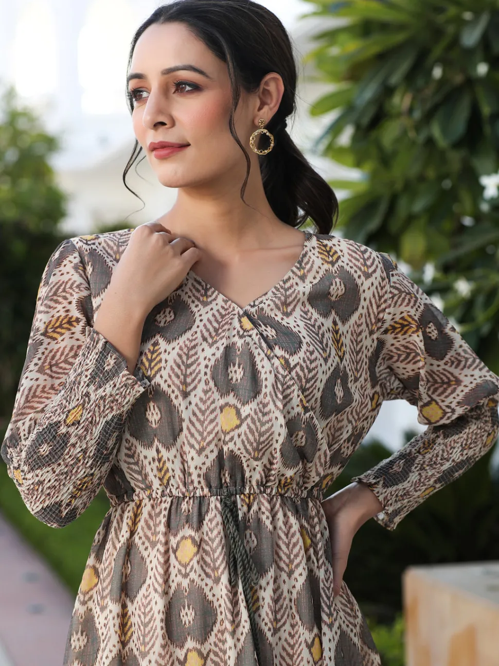 Jaipur Kurti Brown Ikat Digital Printed Wrap Look Gerogette Dress