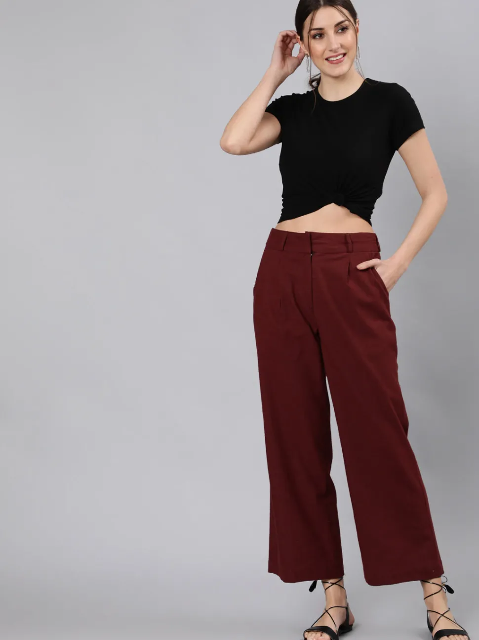 Jaipur Kurti Burgandy Cotton Slub Flared High Rise Parallel Pants