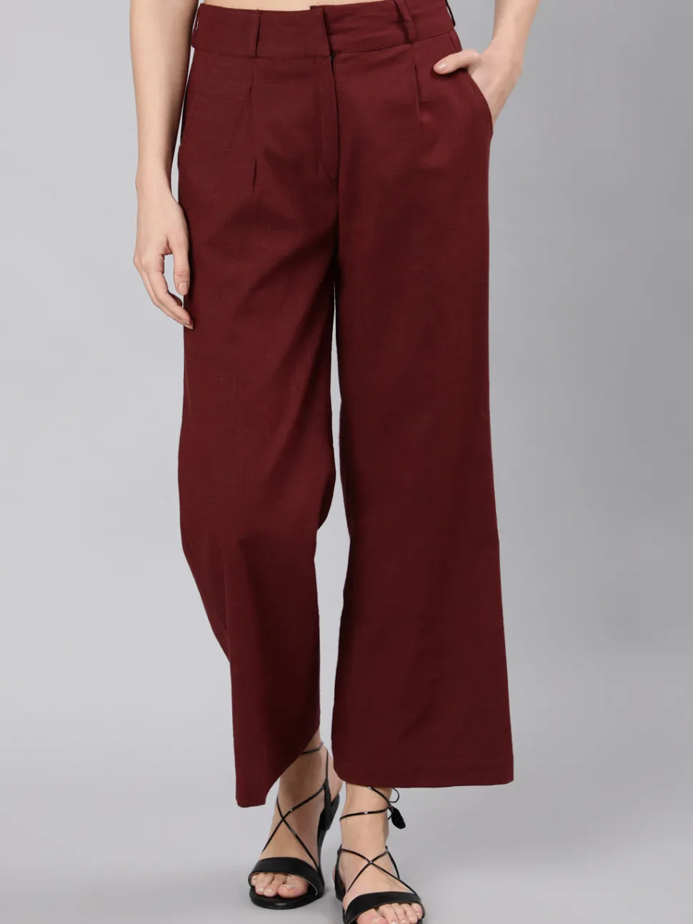 Jaipur Kurti Burgandy Cotton Slub Flared High Rise Parallel Pants