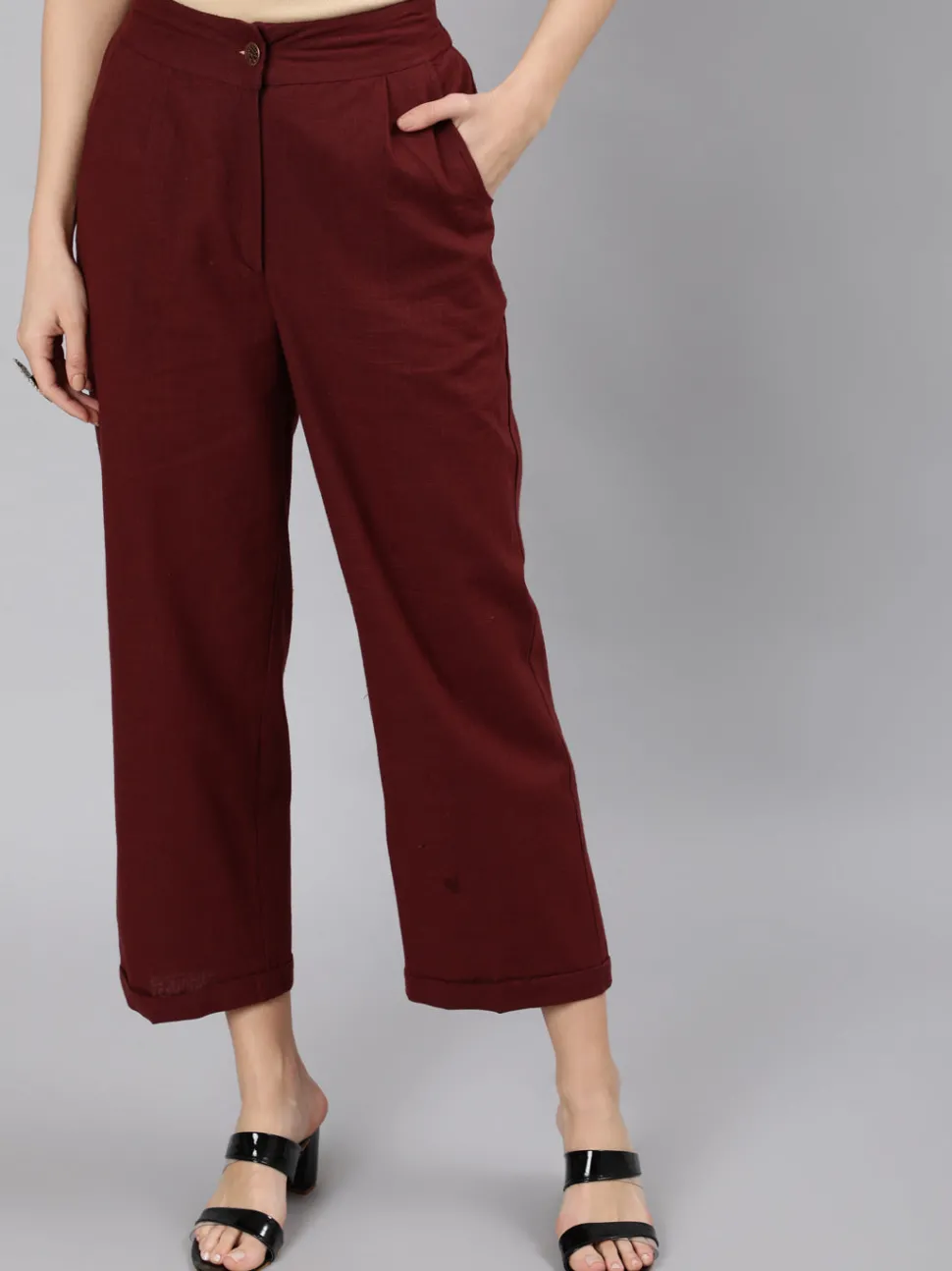 Jaipur Kurti Cotton Slub Straight High Rise Bottom-Fold Pants