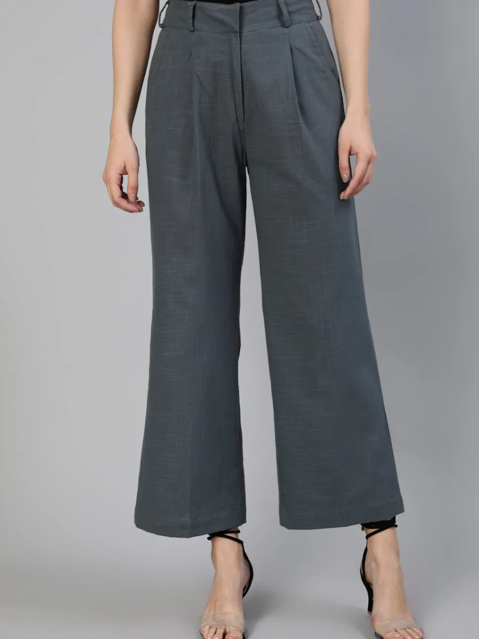 Jaipur Kurti Charcoal Grey Cotton Slub Flared High Rise Parallel Pants