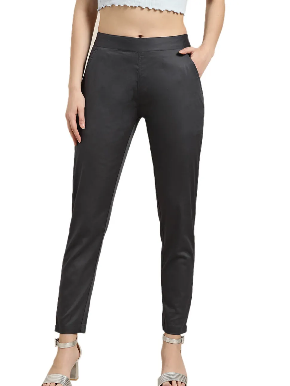 Jaipur Kurti Charcoal Grey Solid Cotton Lycra Pants