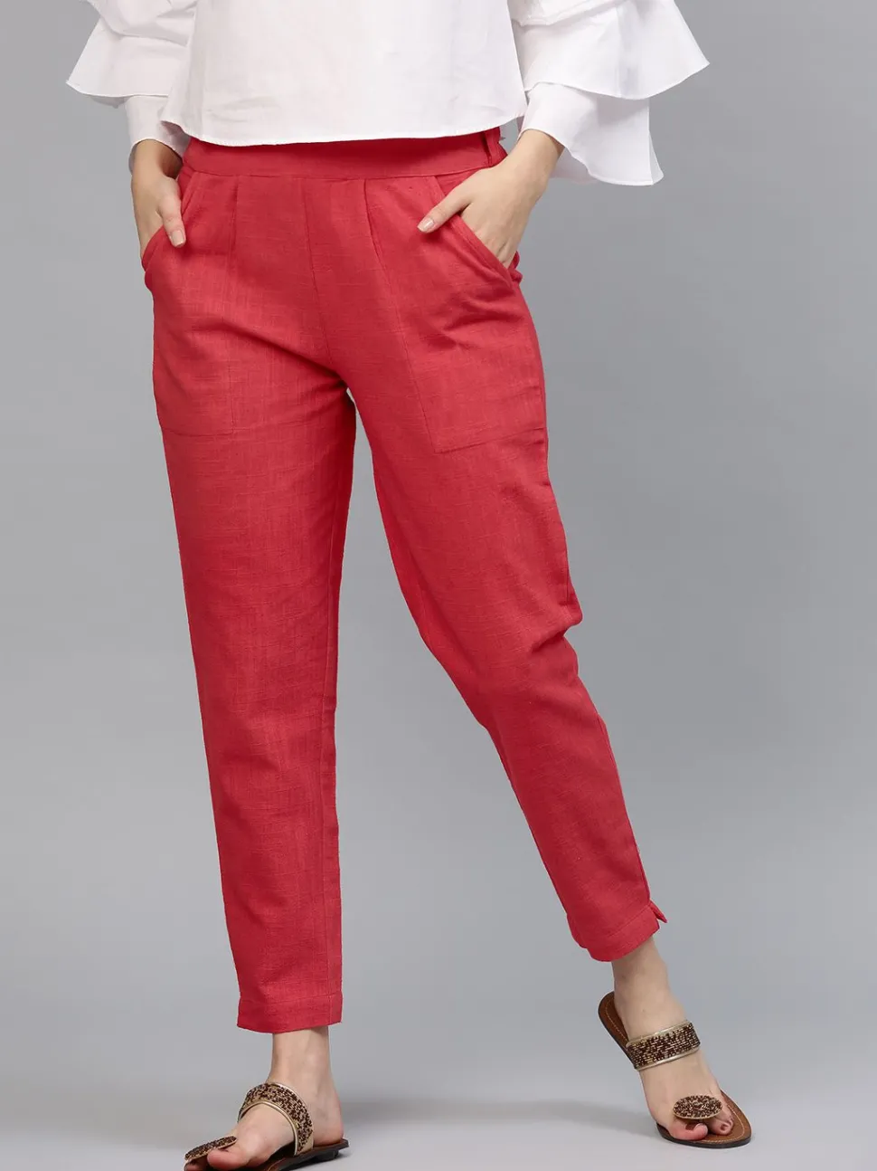 Jaipur Kurti Solid Cotton Slub Straight Pants