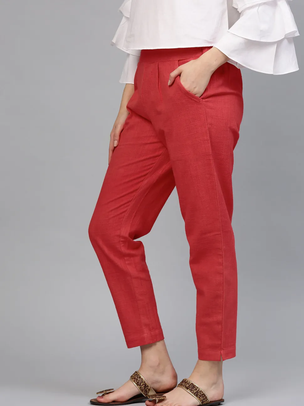 Jaipur Kurti Solid Cotton Slub Straight Pants