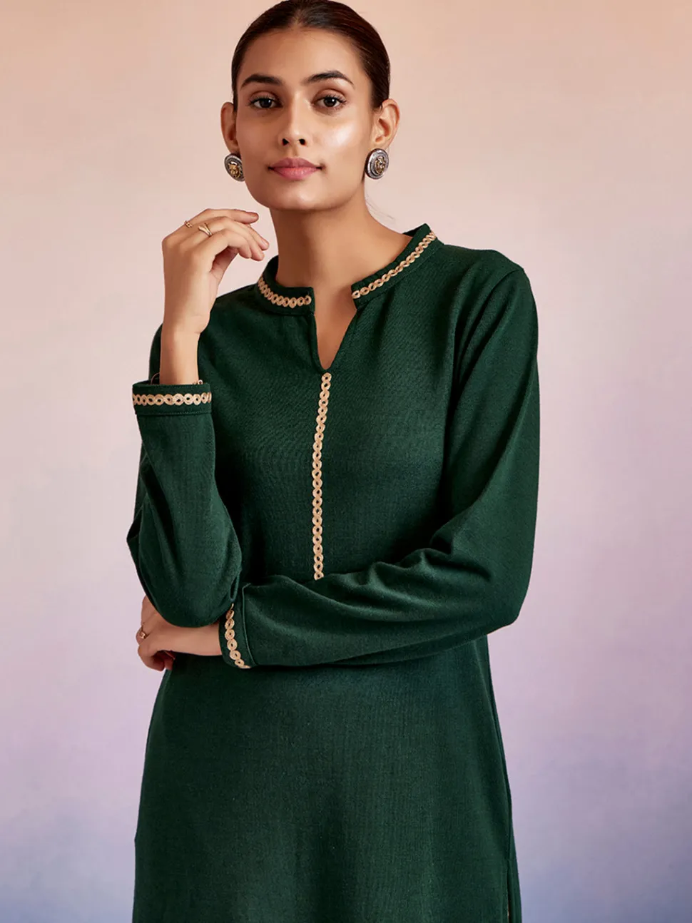 Jaipur Kurti Dark Green Embroidered Straight Woolen Kurta